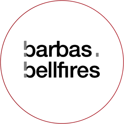 barbas bellfires circular logo Circular white logo with black lowercase text reading 'barbas' above 'bellfires' and subtle mirrored gray letter