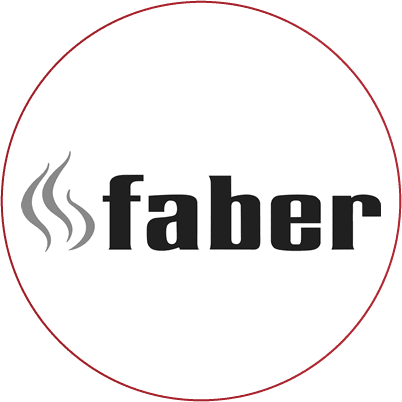 Faber logo in circle Circular white logo with the word "faber" and a three-wave emblem