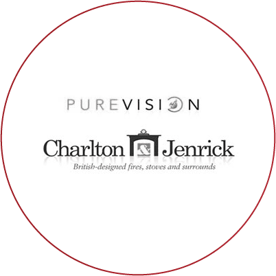 PureVision and Charlton & Jenrick logos Stacked PureVision logo above Charlton & Jenrick logo with fireplace icon and tagline